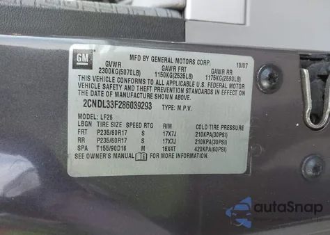 2008 Chevrolet Equinox Lt from USA, damaged, VIN 2CNDL33F286039293